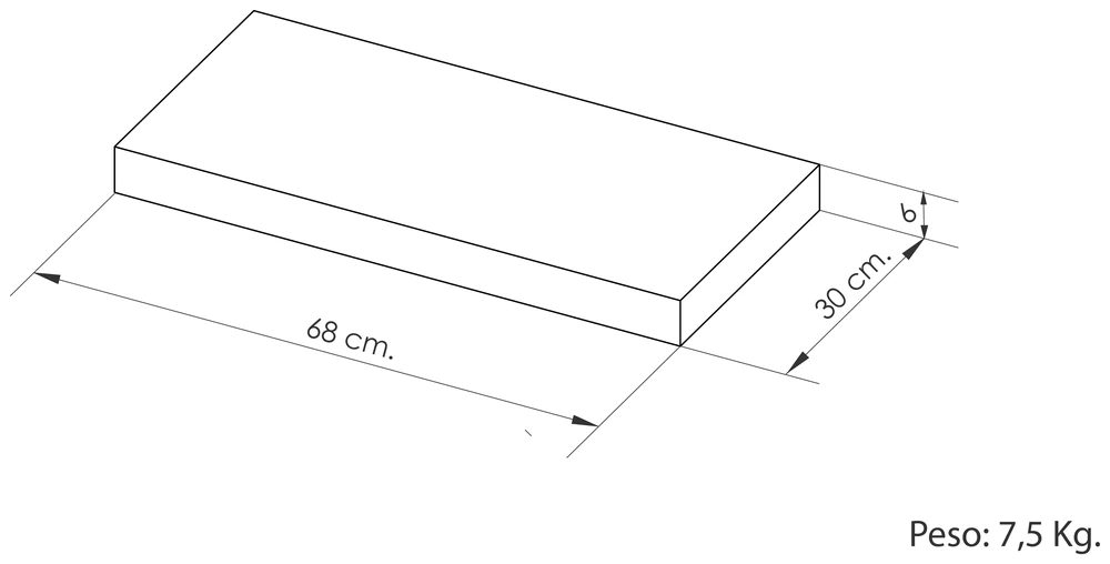 Plano del bulto: caja de 68 × 30 × 6 cm y 7,5 kg de peso