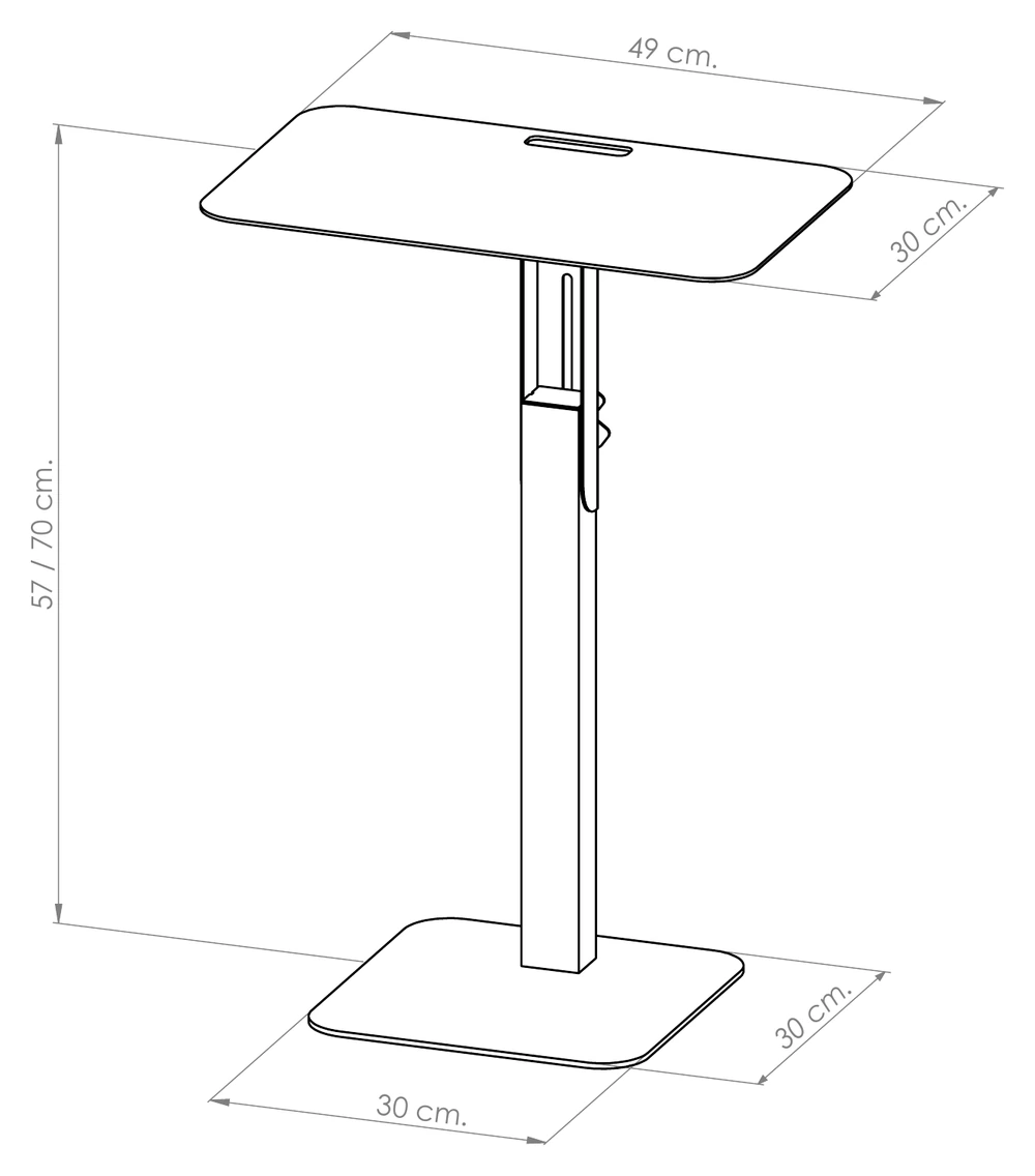 Plano de medidas de la mesa de arrime regulable: tapa de 49 × 30 cm, base de 30 × 30 cm y altura regulable de 57 a 70 cm